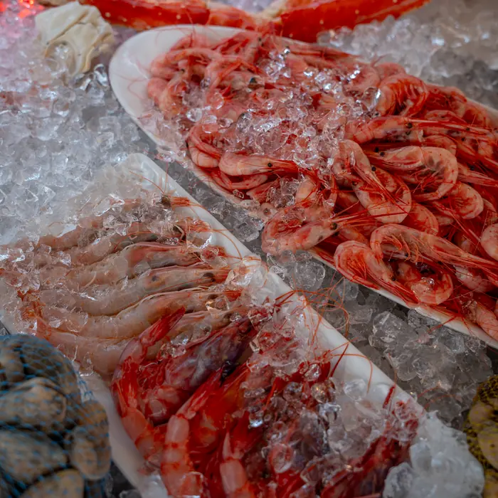 Gambas y marisco sobre hielo